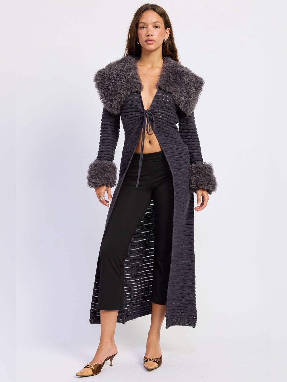 City Trippin Long Sleeve Faux Fur Collar Midi Cardigan